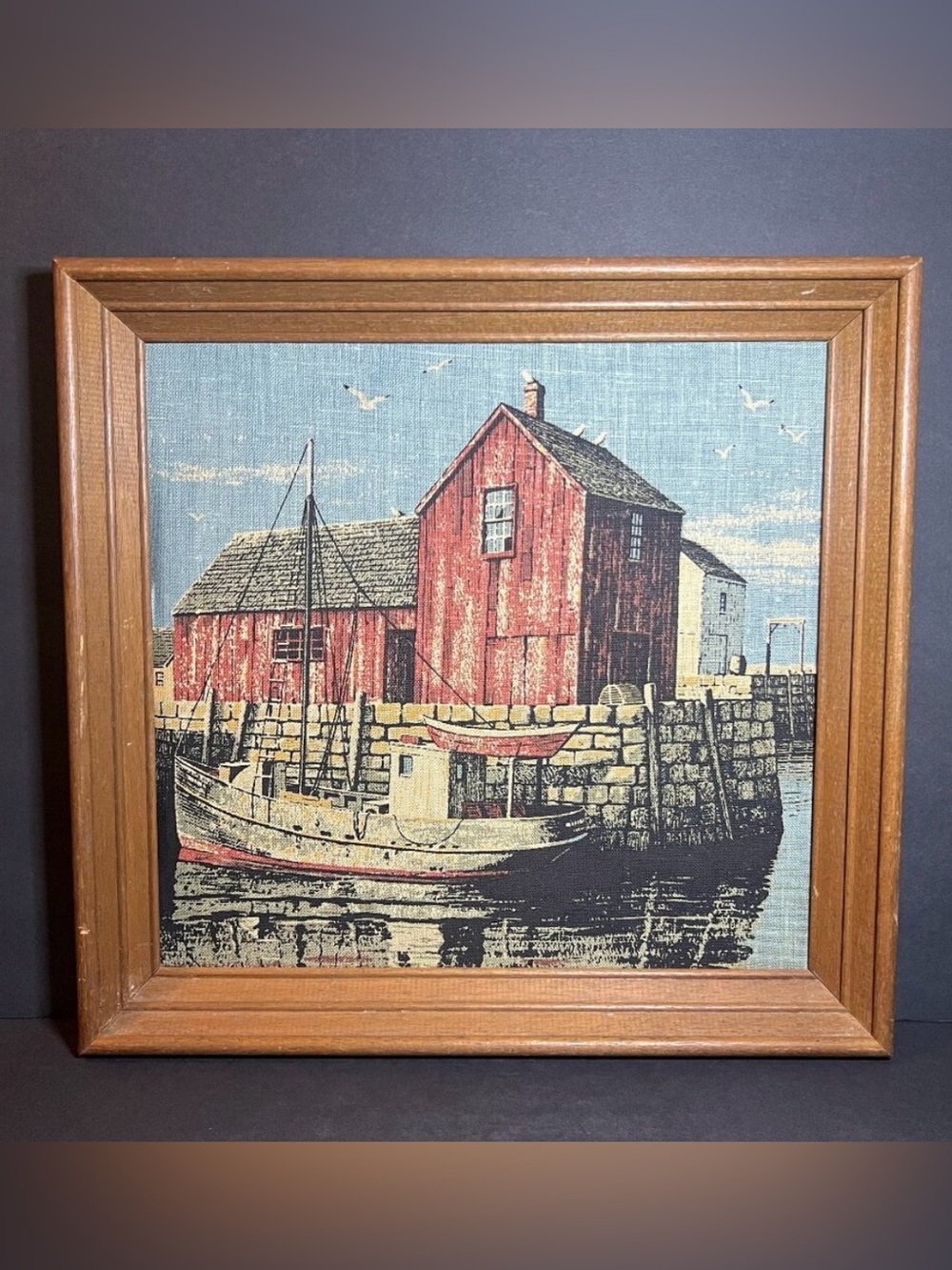Vintage Nautical Wooden Framed Dockside Fishing Boat Cove Linen Wall Art Print